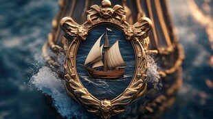 金色船徽在汹涌海浪中的视觉错觉