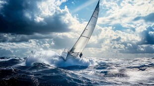 风帆船在暴风雨中破浪前行