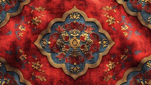 红色纹理地毯上的复古花卉图案