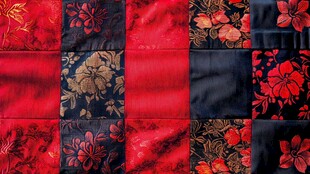 红色与黑色花卉拼接布