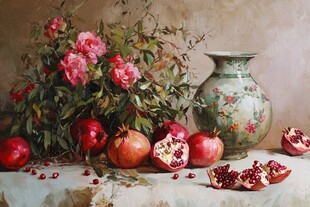 石榴花瓶静物画