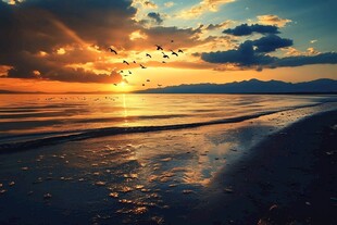 夕阳西下 海鸥飞翔