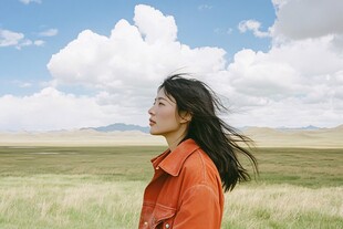 风吹草地上的橙衣女子