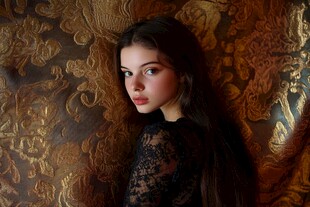 金色花纹背景下的年轻女性