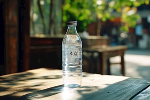 木桌上的透明水瓶