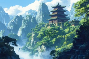 云雾缭绕的山间楼阁