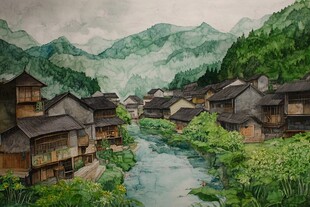 山水画中的古村风景