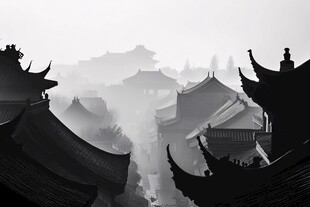 云雾缭绕的古镇风光