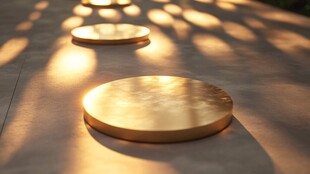 金色圆盘在水泥地上投下阴影