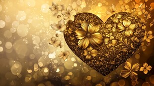 金色心形花卉与闪耀背景