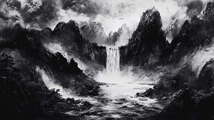 山水画中的瀑布与飞鸟