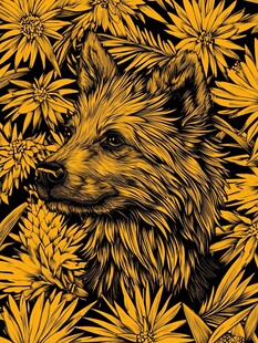 黄色调的花卉与狼的肖像画