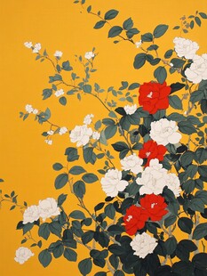 金色背景上的白红花卉