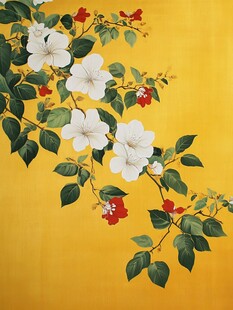 金黄背景上的白色花朵与红色花苞