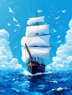 帆船与海鸥的画卷