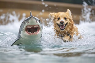 金毛犬与鲨鱼玩具激烈对抗