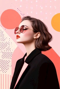时尚女性 圆形太阳镜 红唇 黑色外套 抽象图案背景
