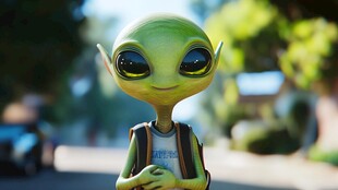 外星人在郊区街道上