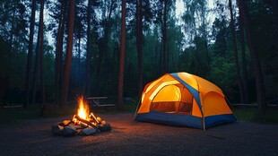 森林中的篝火和帐篷