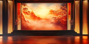 红色山水画背景