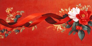 红丝绸与花卉的交响曲