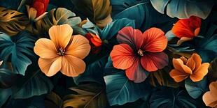 热带花卉与绿叶的绚丽盛宴