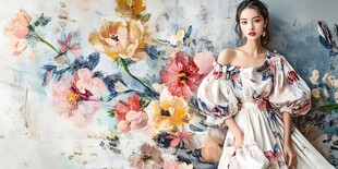 花卉壁画与时尚女性