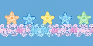 五彩缤纷的海星和花朵在蓝色背景下舞动