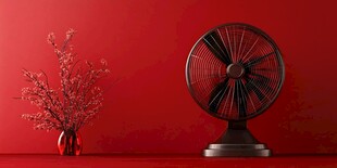 红色空间中的现代风扇和花瓶