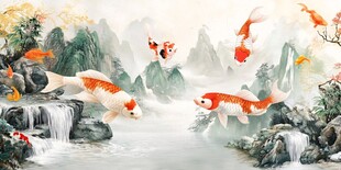 锦鲤飞跃山水画