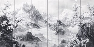 山水画中的梅花与雪山