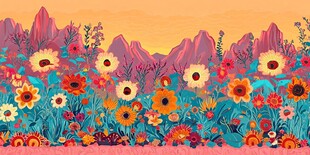 夕阳下的花海山景