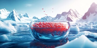 超现实的山地风景中的红色果冻杯