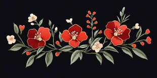 黑色背景上的红色花卉刺绣