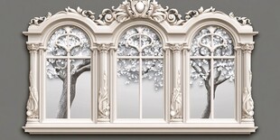 巴洛克风格的装饰窗户与树木的轮廓