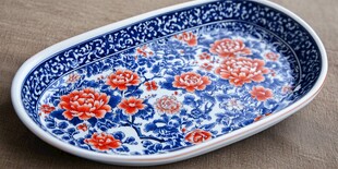 青花瓷盘上的红花图案