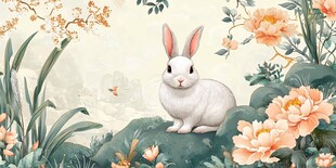 春日白兔 花丛中栖息