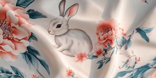 白色背景上的花卉与兔子图案