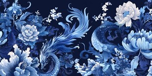 蓝色花卉与龙的神秘交织