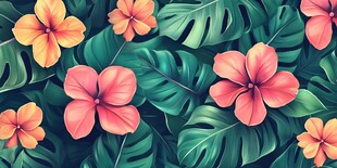 热带花卉与绿叶的绚丽图案