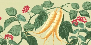 华丽植物插画 展示人参与绿叶 红果的美丽结合