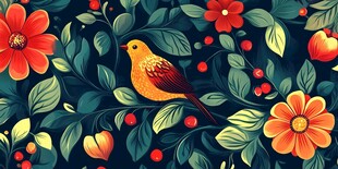 色彩斑斓的花卉与小鸟