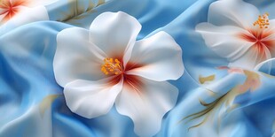 蓝色薄纱上的白色花朵