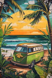 海滩上的复古巴士