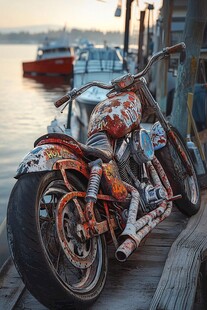 生锈的摩托车与宁静的港湾