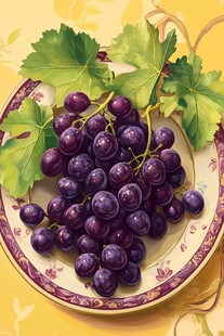 葡萄与叶子在盘子上