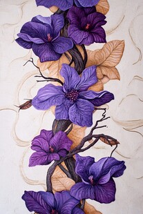 紫色花卉与金色叶子在白色背景上的交织