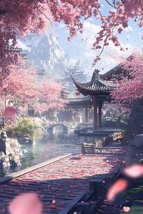 春日里 桃花飘落的古风园林