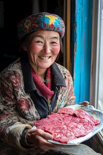 微笑藏族妇女与肉托盘