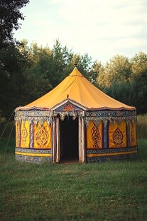 黄色蒙古包 绿色草地 树木背景